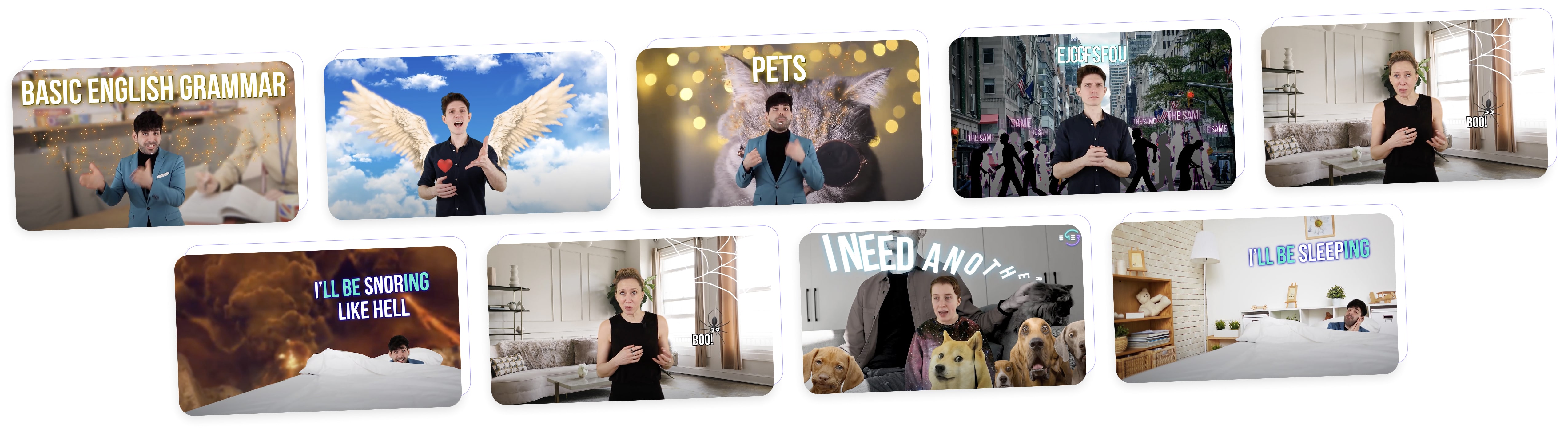 Collection of educational video thumbnails showing various English learning topics